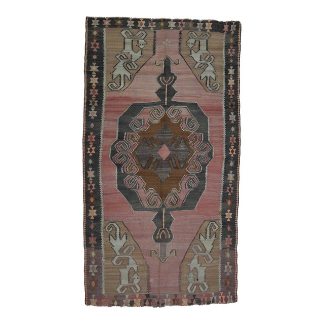 1970s Vintage Handmade Wool Cotton Pink Turkish Area Rug For Sale