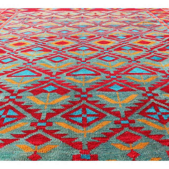 Mid 20th Century Unique and Vibrant Turkish Oushak Rug With Colorful and Bright Diamond Design For Sale In Atlanta - Image 6 of 11