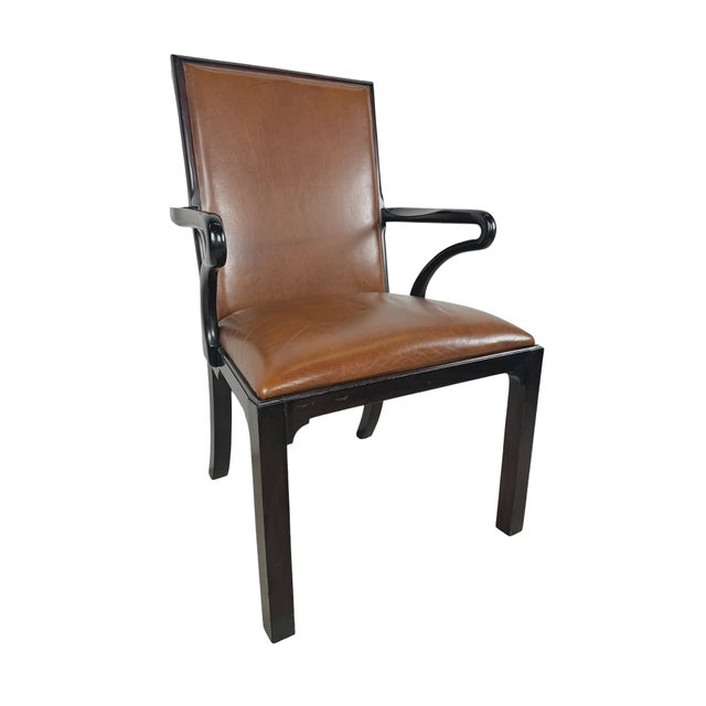 Vintage Baker Furniture Brown Leather & Ebonized Wood Armchair For Sale - Image 12 of 17