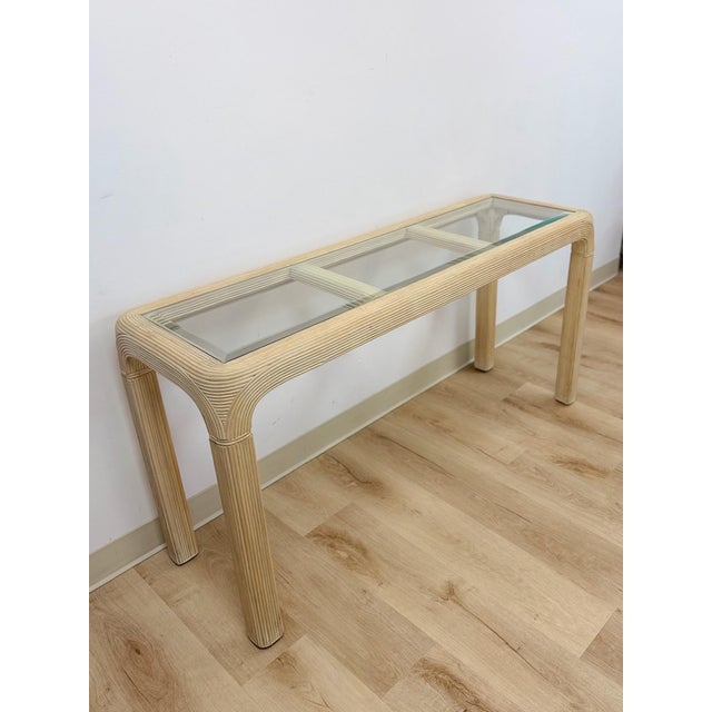 Vintage Console Table Lightwash Pencil Reed Glass Top Coastal Boho MCM For Sale - Image 9 of 10