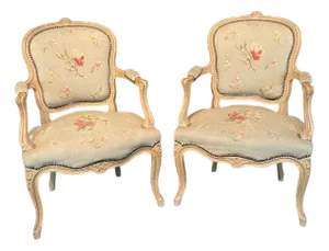 Antique French Painted Louis XV Armchairs Upholstered in Aubusson -a Pair