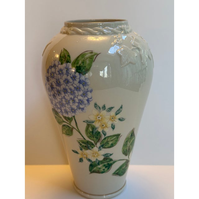 Art Deco Lenox "Blue Hydrangeas" Collection Ceramic 10.5" Tall Ivory Vase Embossed Hand Painted Floral Design For Sale - Image 3 of 15