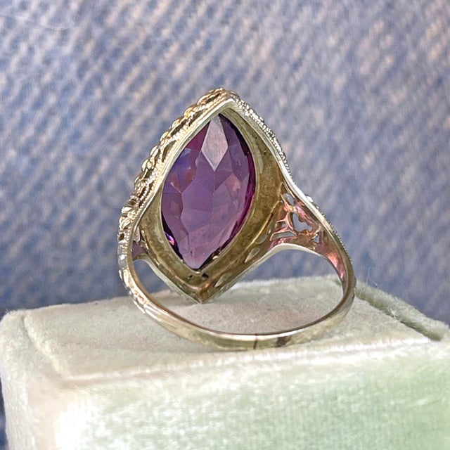 1920s 1920s Antique 18k Gold Filigree Marquise Amethyst Ring, Size 7 For Sale - Image 5 of 10