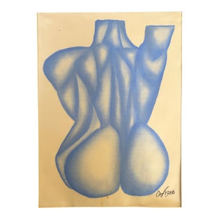 Signed 1986 “Blu Lady” Figural Nude Drawing by Christina Valera, Contemporary Blue Toned Artwork For Sale