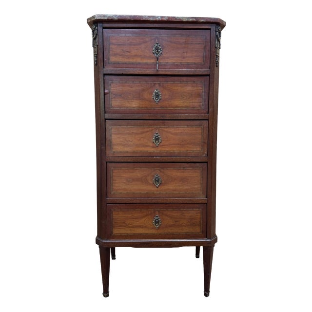 Transitional Style Marquetry and Marble Chest of 5 Drawers For Sale