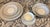 99 piece total set. Noritake Damask pattern #5698: Sabrina. Discontinued. Elegant wide gray band with intricate white...