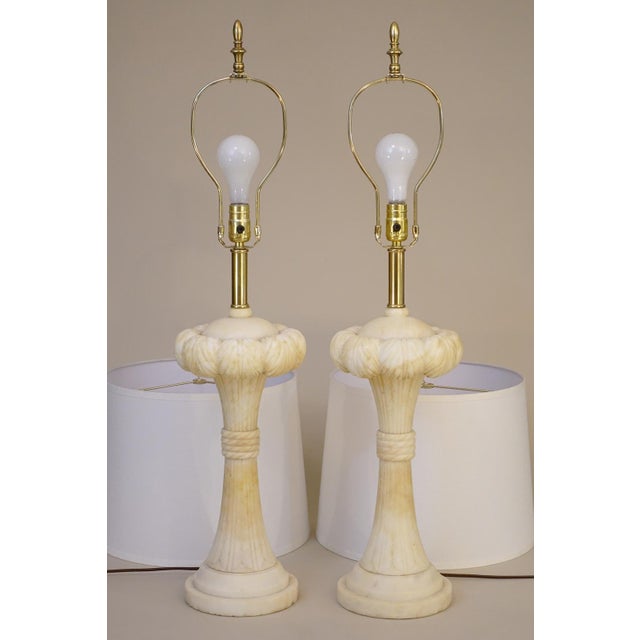 1940s Dorothy Draper Hollywood Regency Modern Solid Marble Palm Column Table Lamps - a Pair For Sale - Image 11 of 11