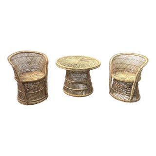 1970s Rattan Wicker Collection Pair of Chairs and Matching Table White Glove Trio For Sale
