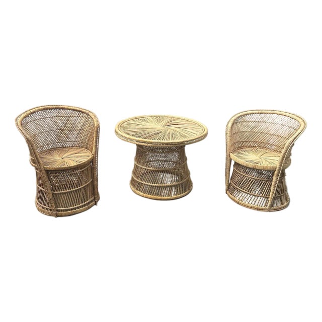 1970s Rattan Wicker Collection Pair of Chairs and Matching Table White Glove Trio For Sale