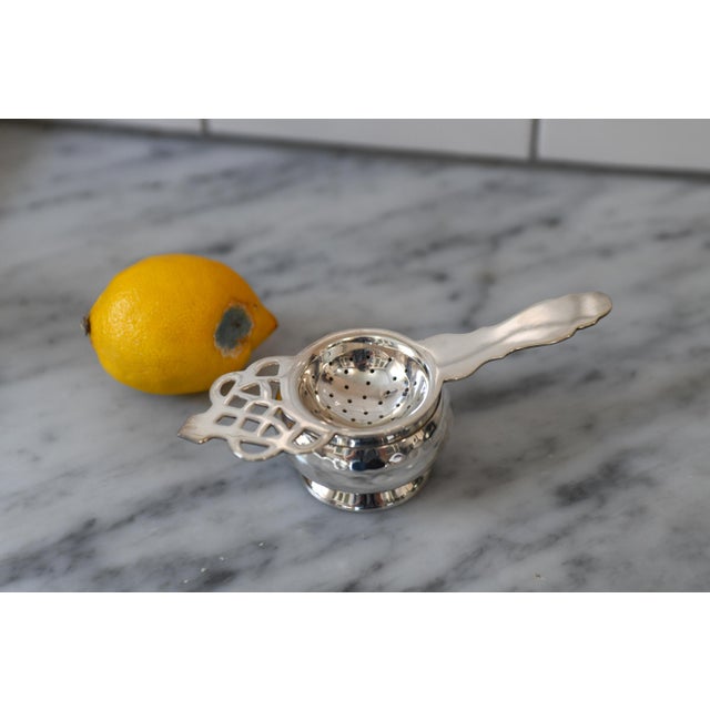 American Vintage Loose Tea Leaf Bag Strainer Silver Plate Tea Strainer W Hammered Bowl For Sale - Image 3 of 10