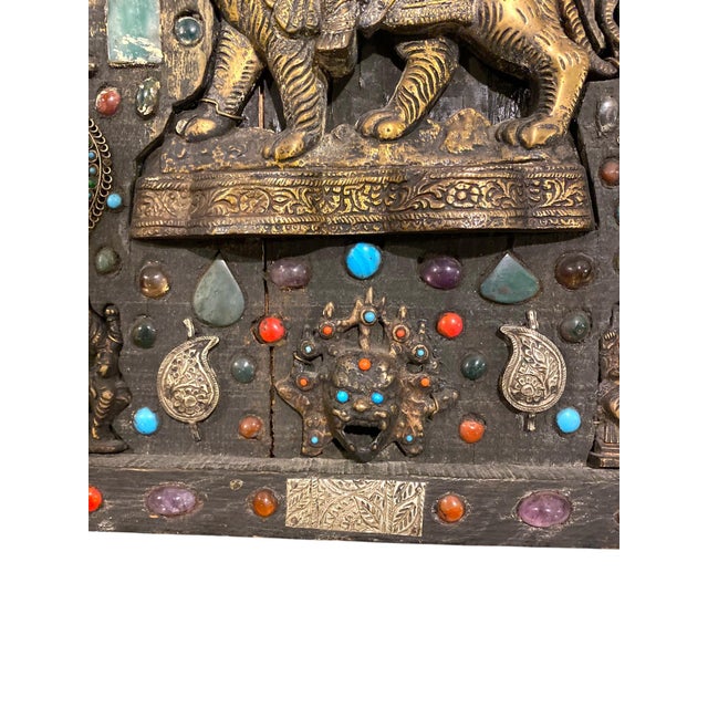 Antique Nepalese Durga Hindu Shrine Brass Wood Stone Inlaid Wall Plaque C1900 For Sale - Image 12 of 16