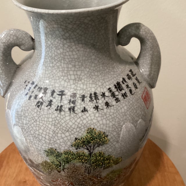 Light Gray Vintage Asian Celadon Crackle Glaze Vase With Landscape, Calligraphy and Makers Mark For Sale - Image 8 of 12