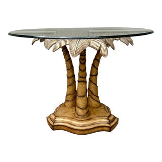 Late 20th Century Vintage Palm Beach Regency Glass Top Palm Tree Table For Sale