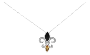 .925 Sterling Silver Marquise Onyx and Citrine and Diamond Accent Fleur De Lis Pendant Necklace (H-I Color, SI1-SI2 Clarity) - 18"