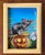 In "Harvest Dreams," a mouse perches atop a carved pumpkin, gazing into a twilight sky where a crescent moon hangs above....