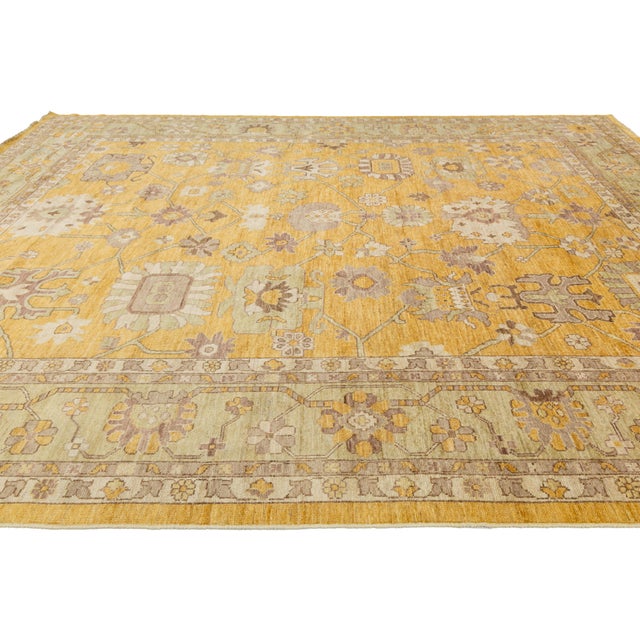 Textile 12x15 Modern Oushak Style Hand-Knotted Wool Area Rug – Golden Saffron & Sage For Sale - Image 7 of 11