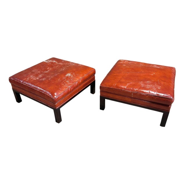 Edward Wormley for Dunbar Pair Leather Ottomans, Model #5314, 1960’s. Original burnt sienna color leather with beautiful...