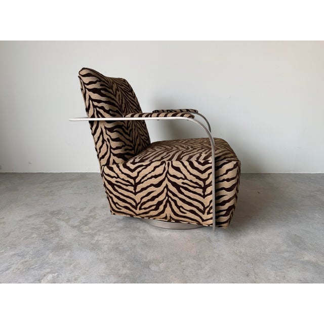 Thayer Goggin “Zac” Zebra Print Swivel Lounge Chair in Brushed Stainless Steel For Sale - Image 4 of 12