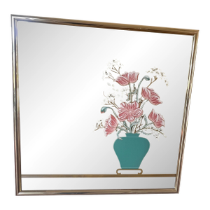Vintage Postmodern 1980s Square Wall Mirror Windsor Gold Frame Flowers Vase