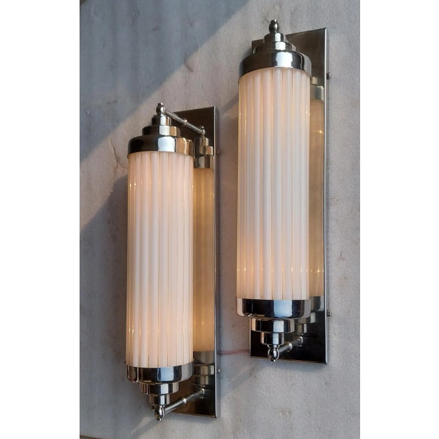 Pair Skyscraper Vintage Art deco light Old Lamp Wall Sconces Fixture Nickel Brass & Milk Glass Rod Ship Light Excellent...