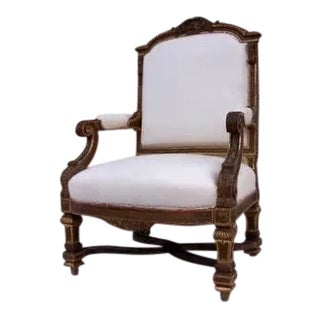 French Louis XIV Style Armchair with Carved Gilt Frame. For Sale