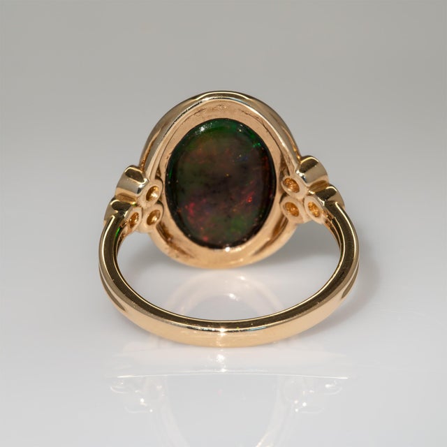 Metal 4.5Ct Black Opal Ring With Earth Mined Diamonds Accents: Solid 14k Gold, 15x10mm For Sale - Image 7 of 8