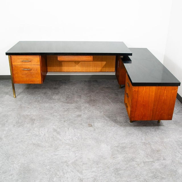 Mid-Century Modern Mid Century Modern Desk Executive L Shaped Cane Walnut Large Black File Drawers For Sale - Image 3 of 12