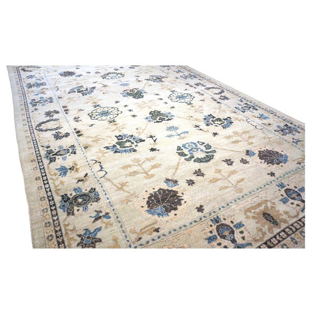 21st Century Turkish Oushak Wool 9x13 Ivory, Olive & Blue Handmade Area Rug #1140406 For Sale In Houston - Image 6 of 9