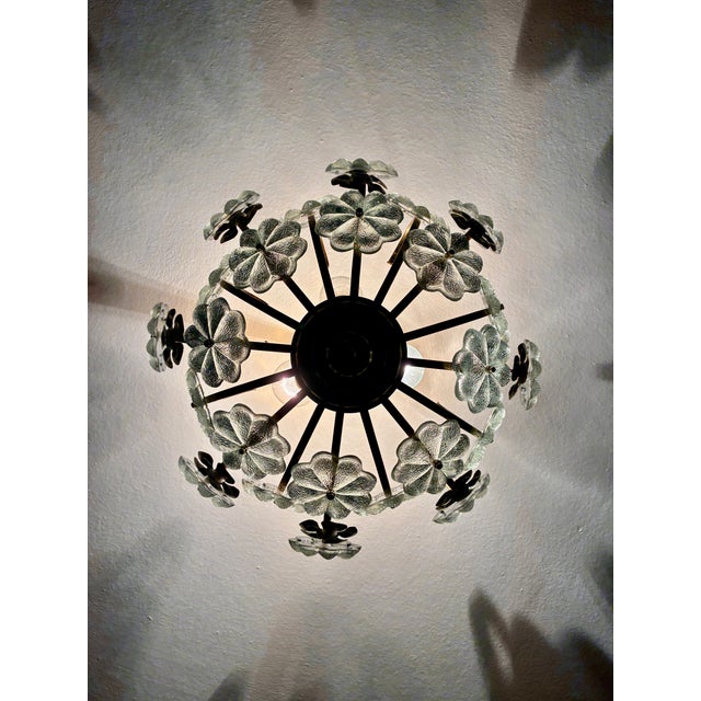Brass Vintage Water Green Floral Flush Mount Chandelier, Hand-Painted Glass Flower Ceiling Light, Mid-Century Brass Light Fixture - Pair For Sale - Image 8 of 17