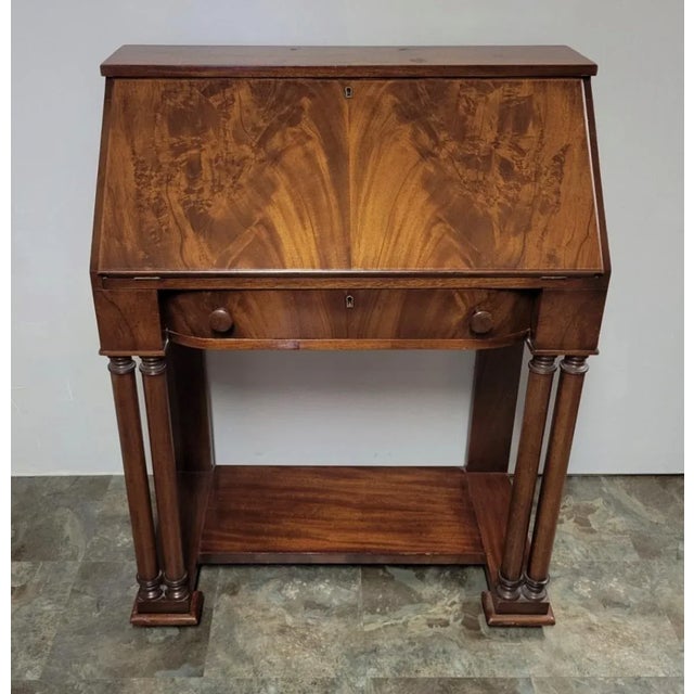 1930’s Transitional Flame Mahogany Empire Revival Slant Top Desk For Sale - Image 4 of 11