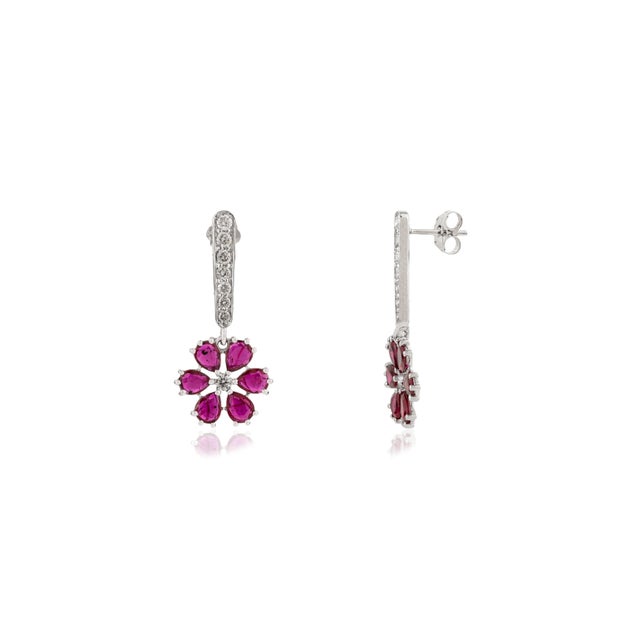 Natural 2.56ct Pinkish Ruby Floral Diamond Cluster Drop Earrings in 18k White Gold- A Pair For Sale - Image 4 of 11