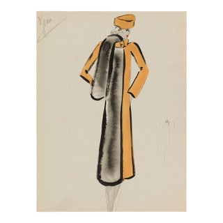 Vintage French Fashion Art Print – Golden Yellow Coat Illustration, 30" X 40" For Sale