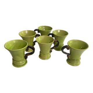 20th Century French Ceramic Cups in Green and Brown, Set of 6 For Sale