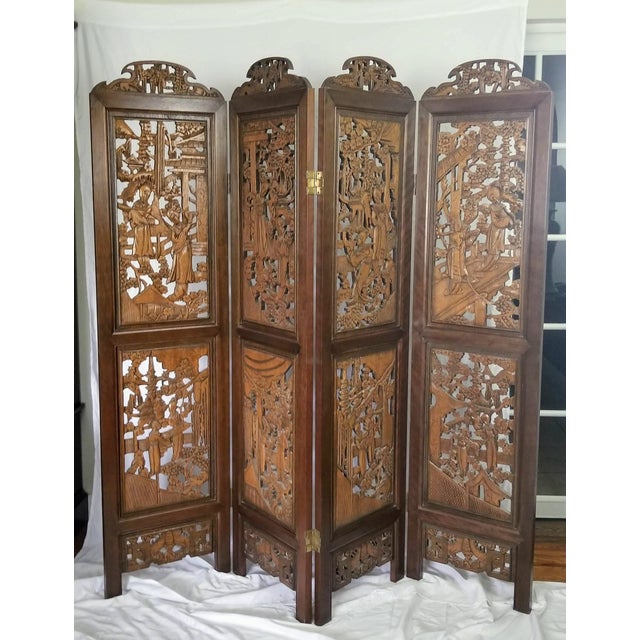 Vintage Chinoiserie 4Panel Teak Wood Room Divider Screen Chairish