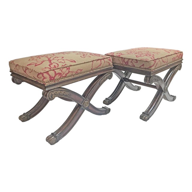 Pair of Ethan Allen X-Base Stools in Tan & Red Classic Gentleman’s Club Room Style Seating For Sale