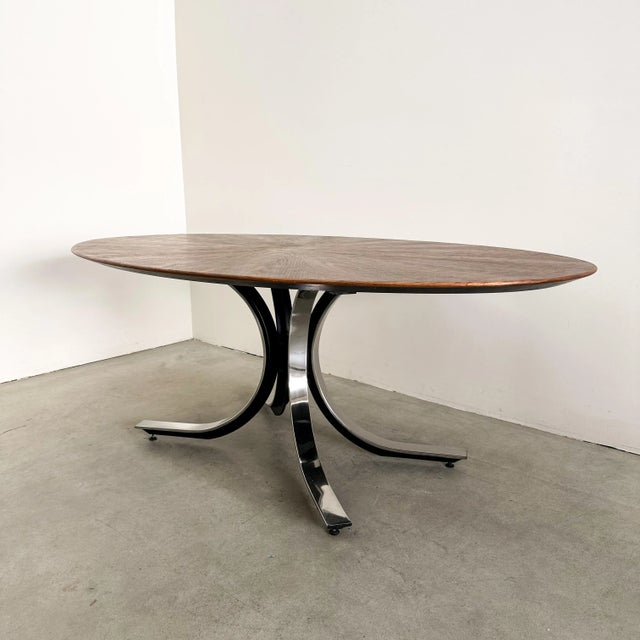 Stow & Davis Vintage 70s Osvaldo Borsani Oval Dining Table Walnut Starburst Top & Chrome Base For Sale - Image 4 of 10