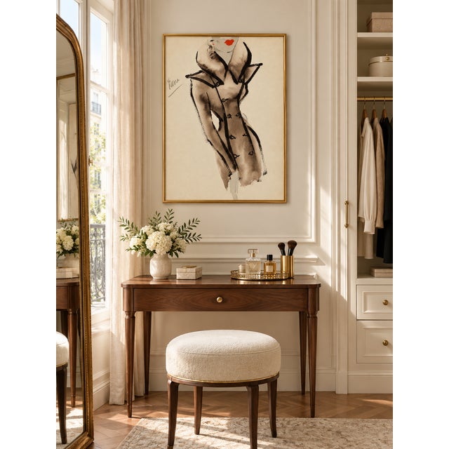 Jonathan Adler Vintage French Fashion Art Print – Brown Coat Illustration With Red Lips, 18" X 24" For Sale - Image 4 of 9