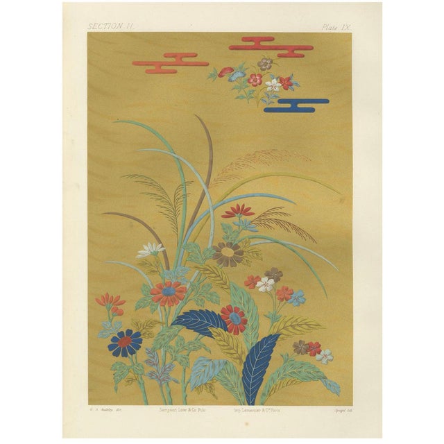 Japanese Floral Meadow on Golden Backdrop, 1880s, Paper For Sale