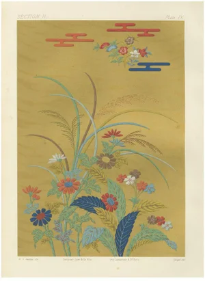 Japanese Floral Meadow on Golden Backdrop, 1880s, Paper