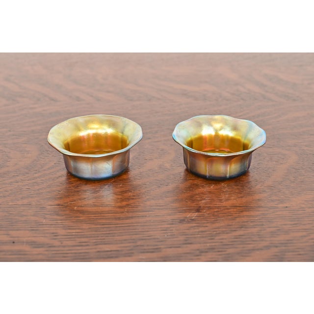 A gorgeous pair of antique Arts & Crafts or Art Nouveau period Favrile iridescent art glass finger bowls or salt cellars...