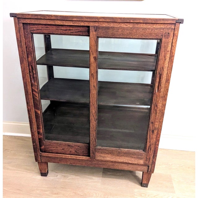 American Antique Oak Showcase Store Display Cabinet Bookcase With Sliding Doors For Sale - Image 3 of 18