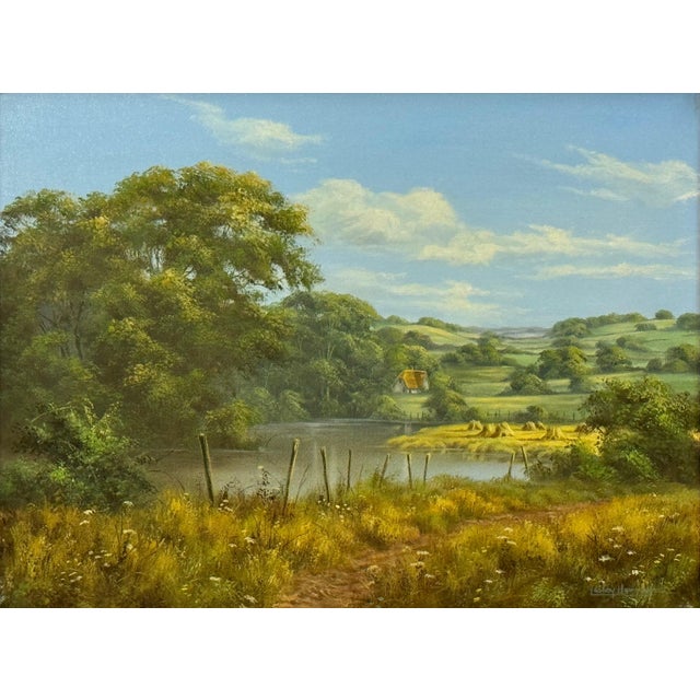 Lush Green English Countryside with Cottage & River by British Landscape Artist 1980 Circa For Sale - Image 13 of 18