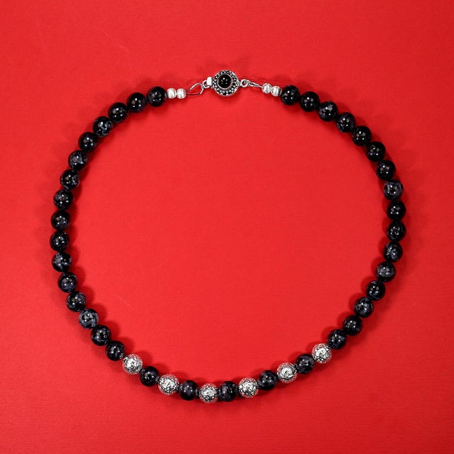 Traditional Ajd 19 Inch Unique Indigo Gabbro and Silver Washed Lava Rock Necklace For Sale - Image 3 of 6