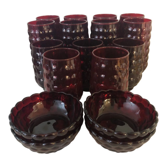 Mid Century Anchor Hocking Ruby Bubble Glassware Set of 17 Chairish
