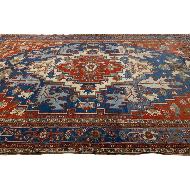 Red Red Antique Persian Serapi Handmade Wool Rug Featuring a Medallion Design For Sale - Image 8 of 11