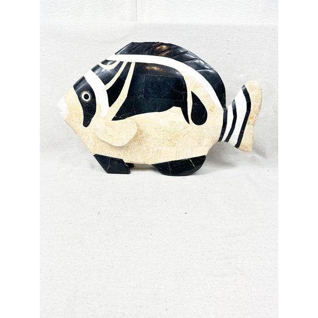 Wonderful vintage Maitland Smith tessellated stone fish figurine. In warm cream/tan colors with black and white. Makes a...