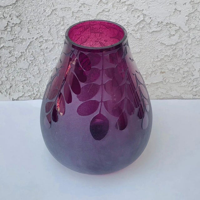 1980s 1980s Ken Benson Ls Signed Purple Amethyst Cameo Carved Leaves Frosted Art Glass Vase For Sale - Image 5 of 13