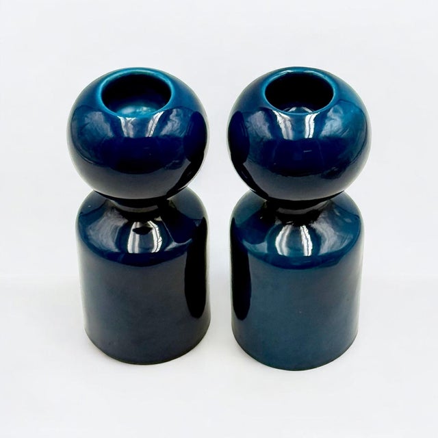 Blue Ceramic Candleholders by Liisi Beckmann for Gabbianelli, Italy, 1970s, Set of 2 For Sale - Image 8 of 11
