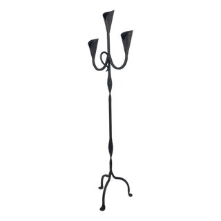 Hand Forged Wrought Iron Floor Candelabra 50″ (127cm) Antique Copper Patina 3-Arm Candle Holder Leaf Detail Rustic Wedding Decor For Sale