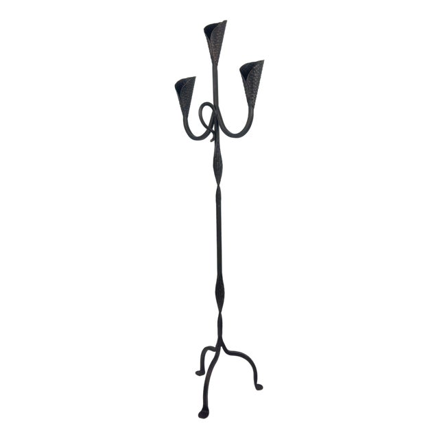 Hand Forged Wrought Iron Floor Candelabra 50″ (127cm) Antique Copper Patina 3-Arm Candle Holder Leaf Detail Rustic Wedding Decor For Sale